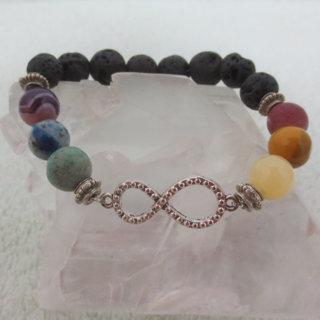 Hand Crafted Bracelet Chakra Gemstones Lava Rock Infinity Charm Stretch Unisex